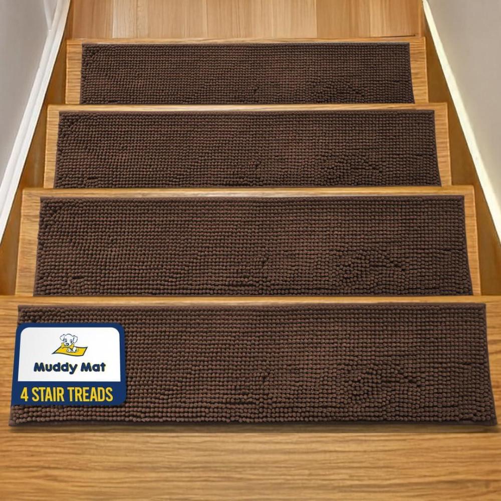 imageMuddy Mat Pack of 8 Soft Chenille Stair Treads NonSlip Reusable Super Absorbent Stair Treads for Wooden Steps Tile ampamp Marble Floor Easy to Install ampamp Machine Washable Grey 30 x 7Chocolate Brown