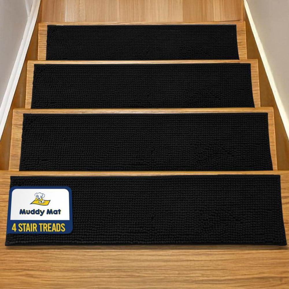 imageMuddy Mat Pack of 8 Soft Chenille Stair Treads NonSlip Reusable Super Absorbent Stair Treads for Wooden Steps Tile ampamp Marble Floor Easy to Install ampamp Machine Washable Grey 30 x 7Black