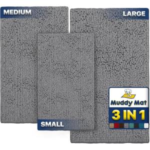 Muddy Mat® Pack of 3 Highly Absorbent Microfiber Dog Door Mat and Pet Rug, Non Slip Thick Washable Area Mat Soft Chenille for Kitchen Bathroom Bedroom and Outdoor – Grey Small, Medium & Large(Grey)