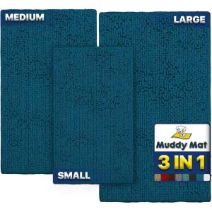 Muddy Mat® Pack of 3 Highly Absorbent Microfiber Dog Door Mat and Pet Rug, Non Slip Thick Washable Area Mat Soft Chenille for Kitchen Bathroom Bedroom and Outdoor – Grey Small, Medium & Large(Atlantic Blue)