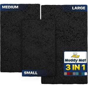Muddy Mat® Pack of 3 Highly Absorbent Microfiber Dog Door Mat and Pet Rug, Non Slip Thick Washable Area Mat Soft Chenille for Kitchen Bathroom Bedroom and Outdoor – Grey Small, Medium & Large(Black)