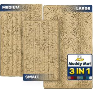 Muddy Mat® Pack of 3 Highly Absorbent Microfiber Dog Door Mat and Pet Rug, Non Slip Thick Washable Area Mat Soft Chenille for Kitchen Bathroom Bedroom and Outdoor – Grey Small, Medium & Large(Beige)