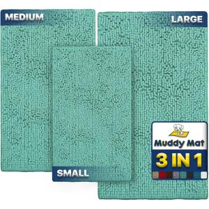 Muddy Mat® Pack of 3 Highly Absorbent Microfiber Dog Door Mat and Pet Rug, Non Slip Thick Washable Area Mat Soft Chenille for Kitchen Bathroom Bedroom and Outdoor – Grey Small, Medium & Large(Sea Green)