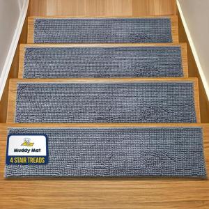 Muddy Mat® Pack of 8 – Soft Chenille Stair Treads Non-Slip Reusable, Super Absorbent Stair Treads for Wooden Steps, Tile & Marble Floor, Easy to Install & Machine Washable – Grey 30” x 7”(Grey)