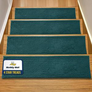 Muddy Mat® Pack of 8 – Soft Chenille Stair Treads Non-Slip Reusable, Super Absorbent Stair Treads for Wooden Steps, Tile & Marble Floor, Easy to Install & Machine Washable – Grey 30” x 7”(Atlantic Blue)