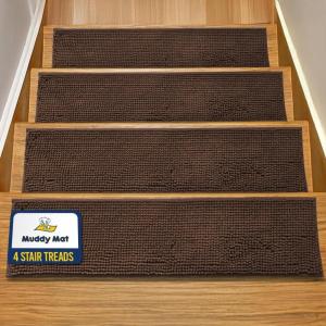 Muddy Mat® Pack of 8 – Soft Chenille Stair Treads Non-Slip Reusable, Super Absorbent Stair Treads for Wooden Steps, Tile & Marble Floor, Easy to Install & Machine Washable – Grey 30” x 7”(Chocolate Brown)