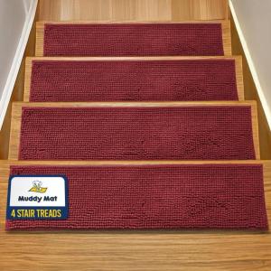 Muddy Mat® Pack of 8 – Soft Chenille Stair Treads Non-Slip Reusable, Super Absorbent Stair Treads for Wooden Steps, Tile & Marble Floor, Easy to Install & Machine Washable – Grey 30” x 7”(Red)