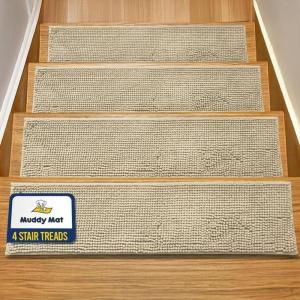Muddy Mat® Pack of 8 – Soft Chenille Stair Treads Non-Slip Reusable, Super Absorbent Stair Treads for Wooden Steps, Tile & Marble Floor, Easy to Install & Machine Washable – Grey 30” x 7”(Beige)