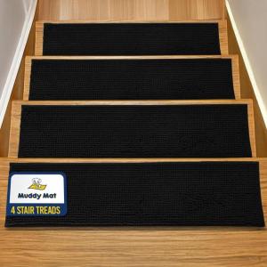 Muddy Mat® Pack of 8 – Soft Chenille Stair Treads Non-Slip Reusable, Super Absorbent Stair Treads for Wooden Steps, Tile & Marble Floor, Easy to Install & Machine Washable – Grey 30” x 7”(Black)