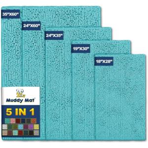 Muddy Mat® Pack of 5 Absorbent Microfiber Door Mat and Pet Rug Non Slip Thick Washable Area and Bath Mat Soft Chenille for Kitchen Bathroom Bedroom Indoor and Outdoor – Sky Blue (Sizes S to XXL)