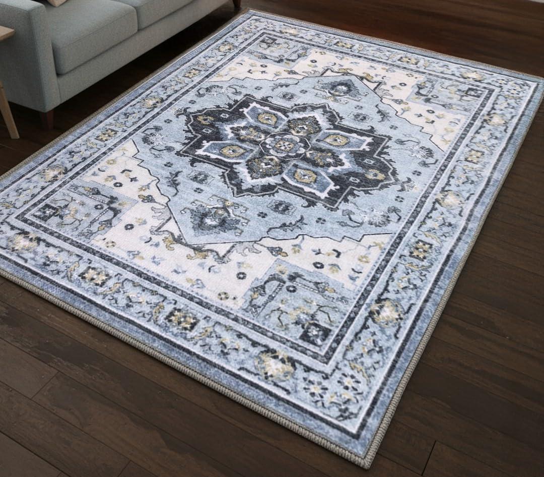 image:imageMuddy Mat Floral Multicolor 3x5 Boho Area Rug Washable Area Rugs for Living Room Bedroom amp Dining Room Modern Soft Low Pile Non Slip Carpet Pet Friendly Waterproof Foldable Rugs for HomeAzure