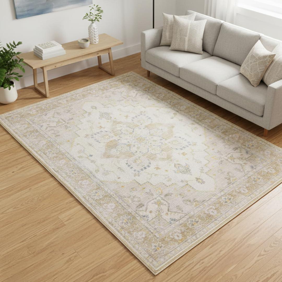 image:imageMuddy Mat Floral Multicolor 3x5 Boho Area Rug Washable Area Rugs for Living Room Bedroom amp Dining Room Modern Soft Low Pile Non Slip Carpet Pet Friendly Waterproof Foldable Rugs for HomeChampagne