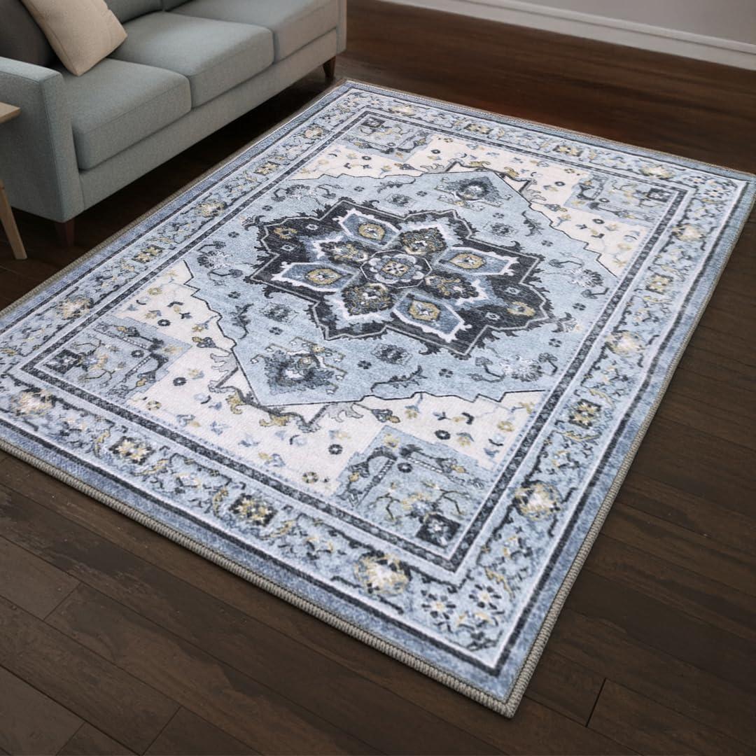 image:imageMuddy Mat Floral Multicolor 3x5 Boho Area Rug Washable Area Rugs for Living Room Bedroom amp Dining Room Modern Soft Low Pile Non Slip Carpet Pet Friendly Waterproof Foldable Rugs for HomeAzure
