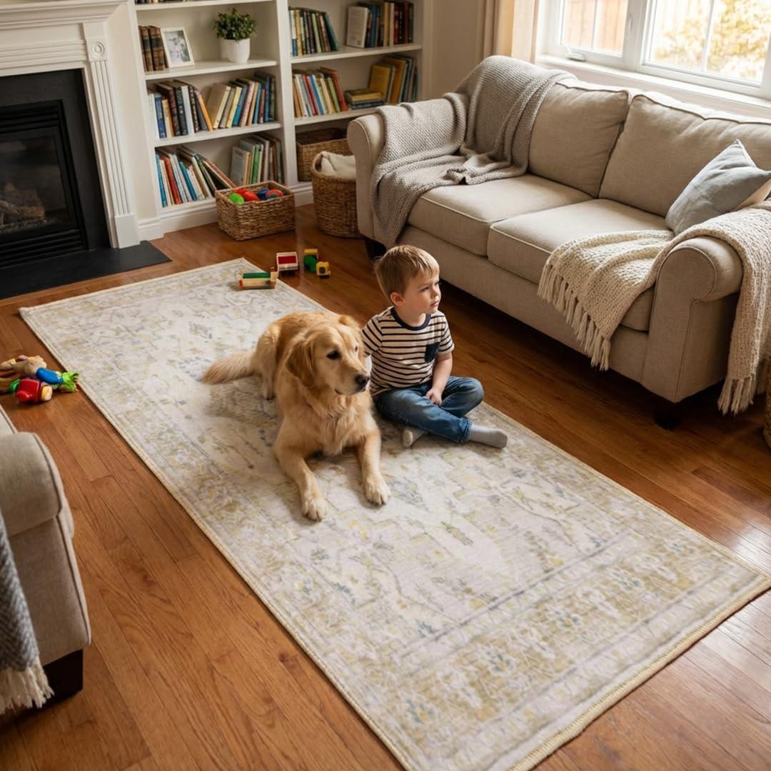 image:imageMuddy Mat Floral Multicolor 3x5 Boho Area Rug Washable Area Rugs for Living Room Bedroom amp Dining Room Modern Soft Low Pile Non Slip Carpet Pet Friendly Waterproof Foldable Rugs for HomeChampagne
