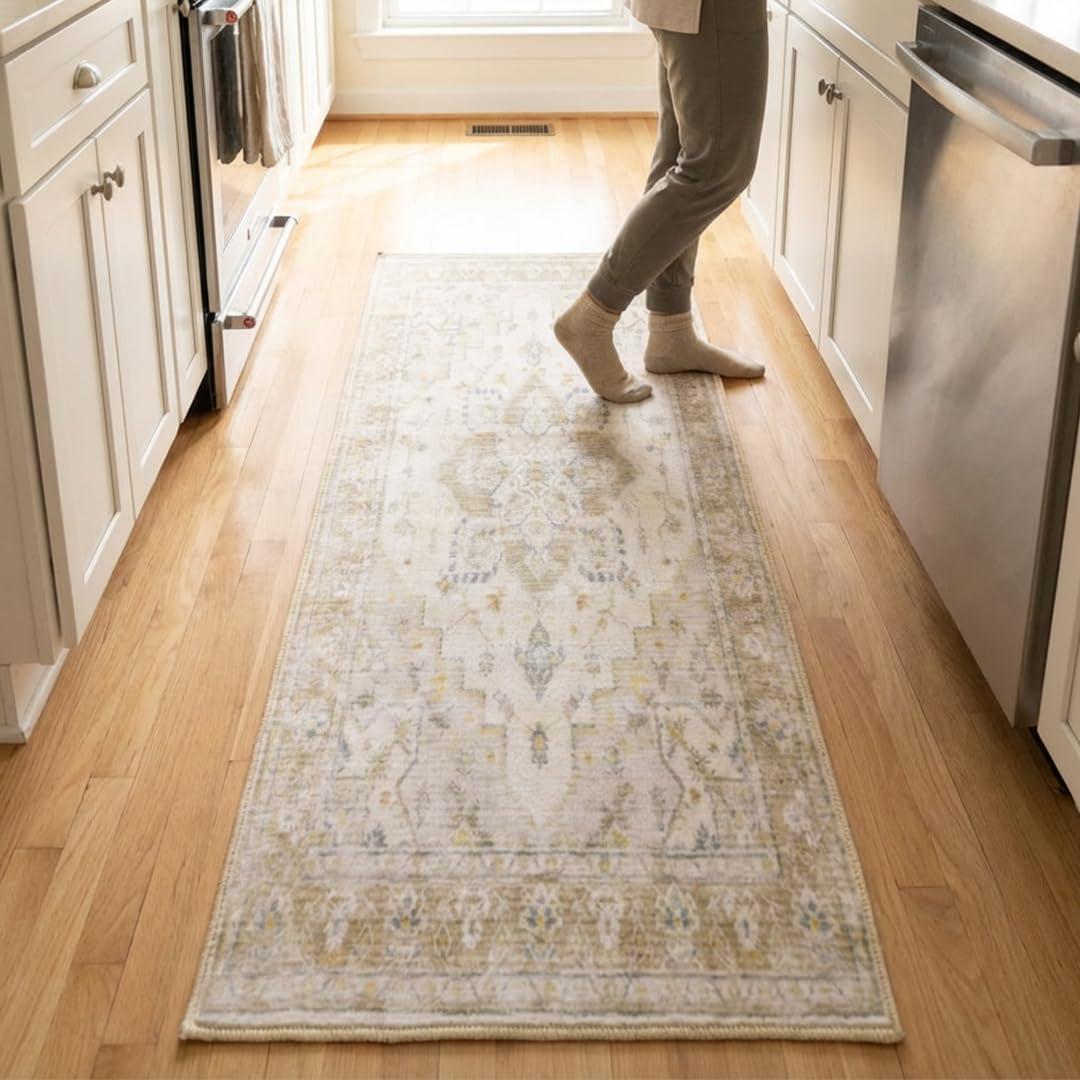 image:imageMuddy Mat Floral Multicolor 3x5 Boho Area Rug Washable Area Rugs for Living Room Bedroom amp Dining Room Modern Soft Low Pile Non Slip Carpet Pet Friendly Waterproof Foldable Rugs for HomeChampagne