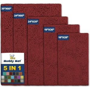 Muddy Mat® Pack of 5 Highly Absorbent Microfiber Door Mat and Pet Rug Non Slip Thick Washable Area and Bath Mat Soft Chenille for Kitchen Bathroom Bedroom Indoor and Outdoor – Maroon (Sizes S to XXL)