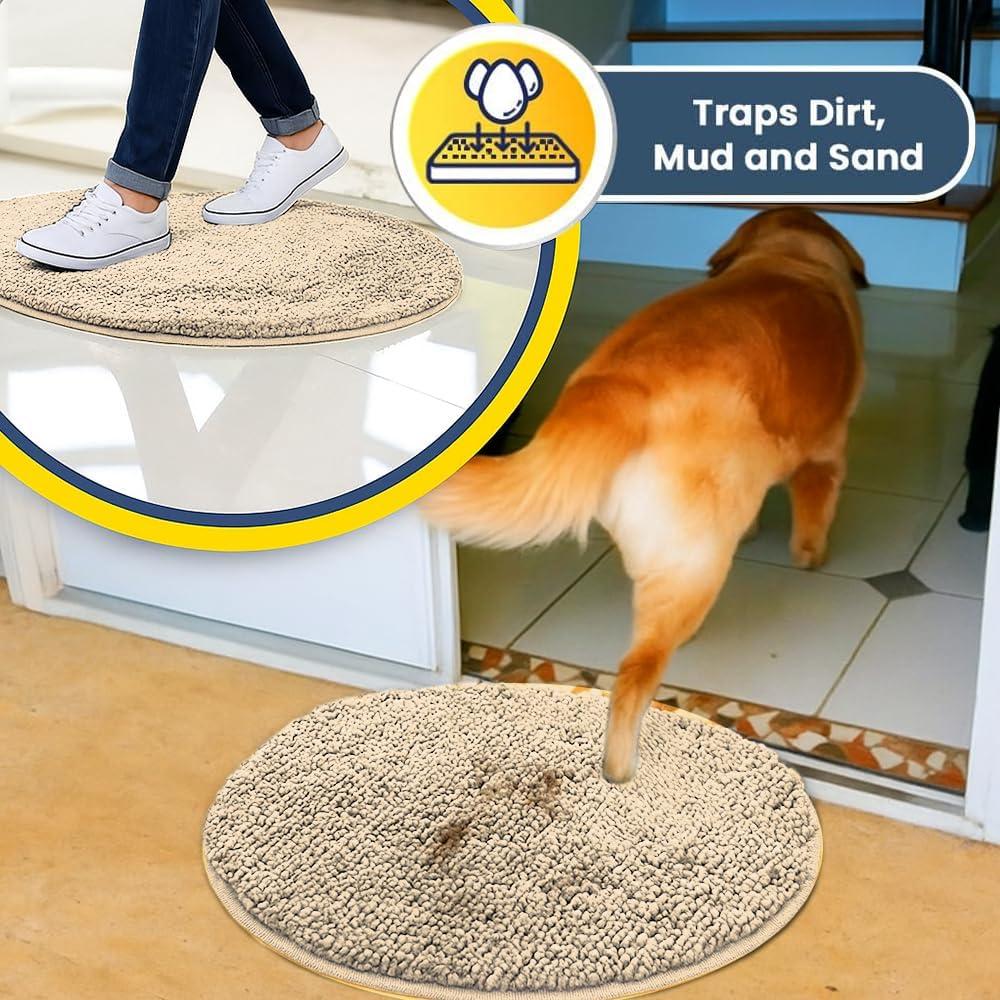 image:imageMuddy Mat Shown on TV Super Absorbent Microfiber Dog Door Mat for Muddy Paws NonSlip Washable Pet Rug Quick Dry Chenille Entryway Carpet Machine Washable Indoor Outdoor Mat Black Round 6ftBeige