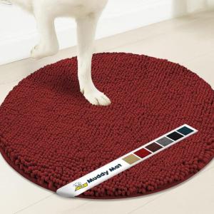 Muddy Mat® Shown on TV – Super Absorbent Microfiber Dog Door Mat for Muddy Paws, Non-Slip Washable Pet Rug, Quick Dry Chenille Entryway Carpet, Machine Washable Indoor Outdoor Mat, Black Round 6ft(Red)