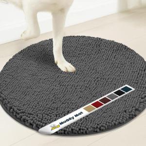 Muddy Mat® Shown on TV – Super Absorbent Microfiber Dog Door Mat for Muddy Paws, Non-Slip Washable Pet Rug, Quick Dry Chenille Entryway Carpet, Machine Washable Indoor Outdoor Mat, Black Round 6ft(Grey)