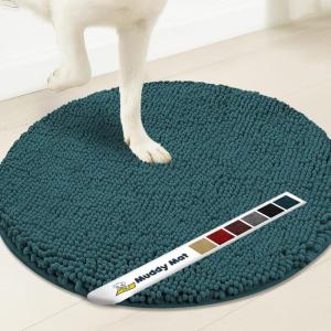 Muddy Mat® Shown on TV – Super Absorbent Microfiber Dog Door Mat for Muddy Paws, Non-Slip Washable Pet Rug, Quick Dry Chenille Entryway Carpet, Machine Washable Indoor Outdoor Mat, Black Round 6ft(Atlantic Blue)