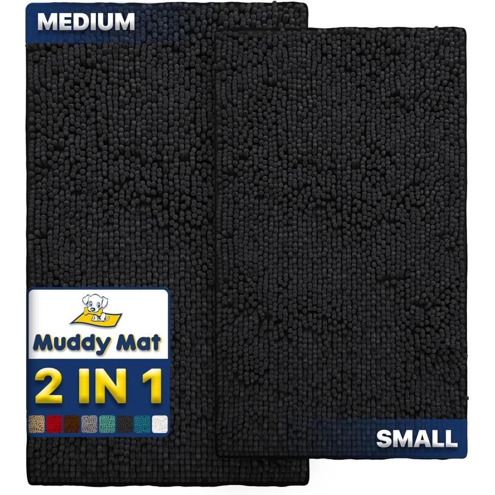 image:imageMuddy Mat 2Piece Set ASSEENONTV Highly Absorbent Microfiber Dog Door Mat and Pet Rug Non Slip Thick Washable Area Mat Soft Chenille for Kitchen Bathroom Bedroom and Outdoor Black Small amp Medium