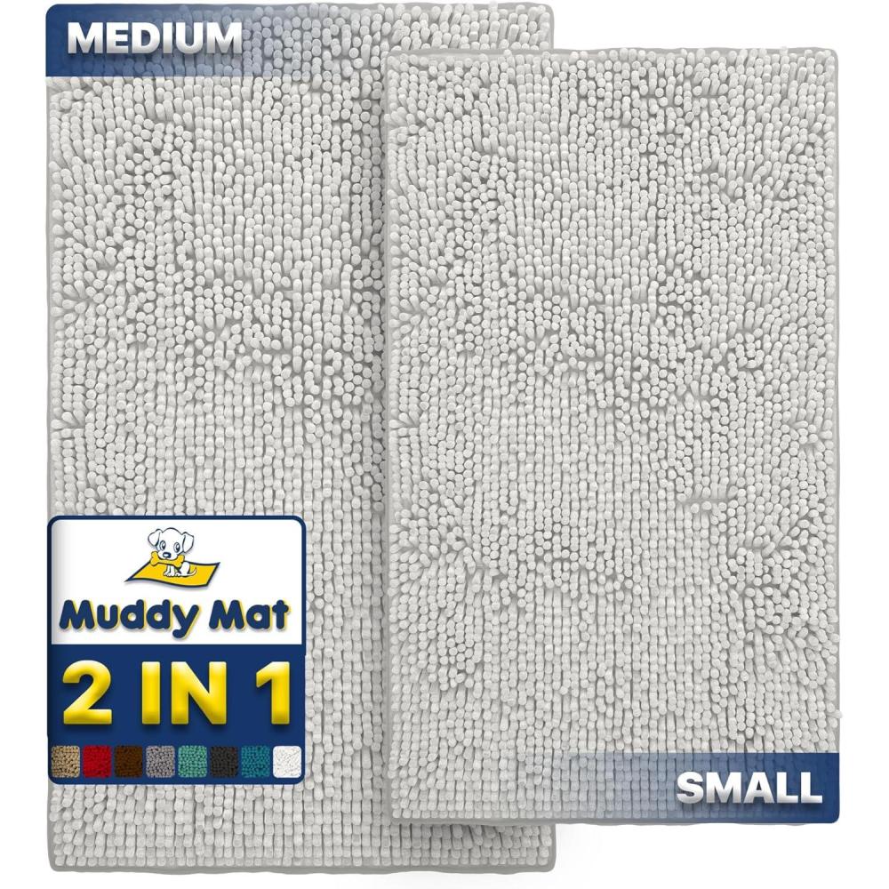 image:imageMuddy Mat 2Piece Set ASSEENONTV Highly Absorbent Microfiber Dog Door Mat and Pet Rug Non Slip Thick Washable Area Mat Soft Chenille for Kitchen Bathroom Bedroom and Outdoor White Small amp Medium