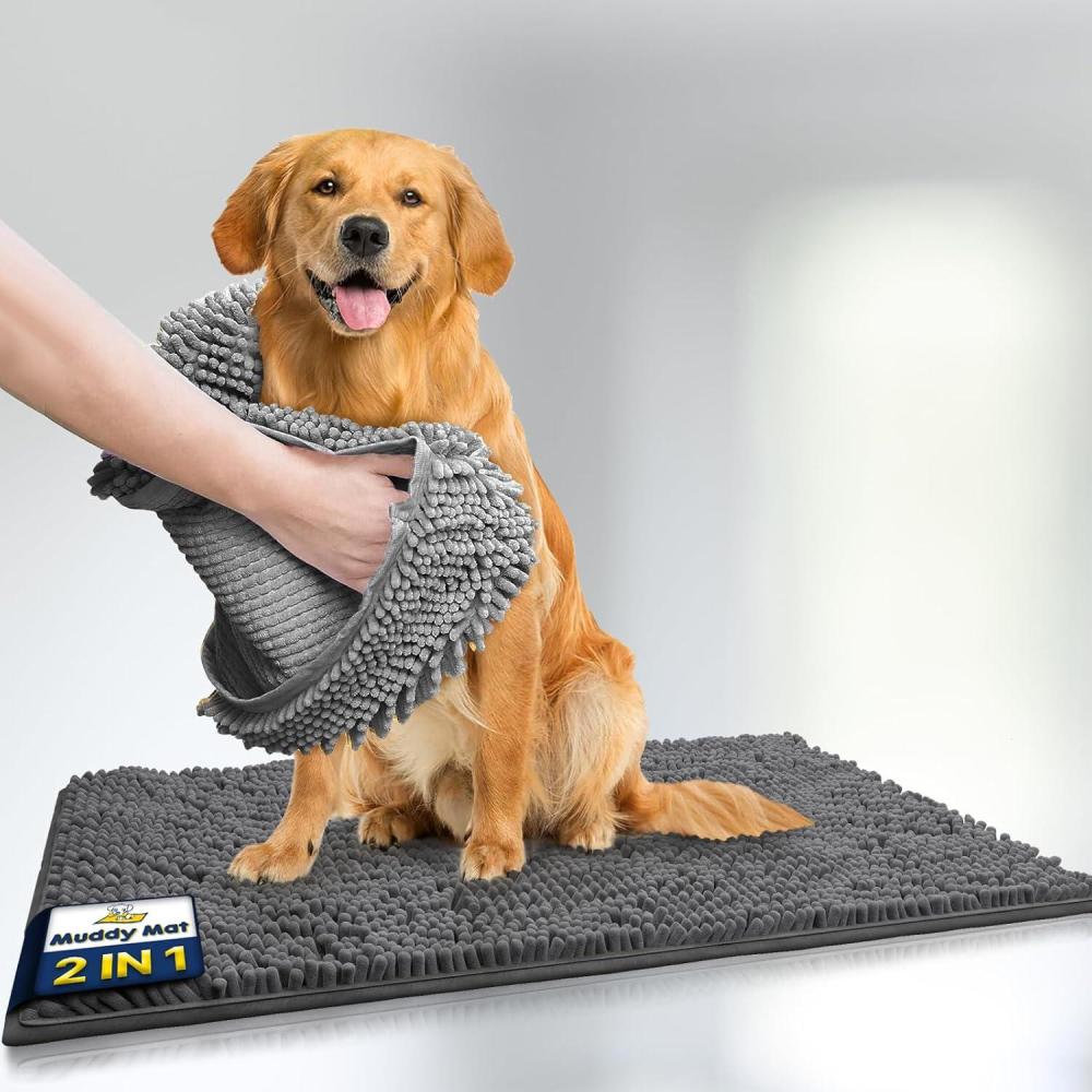 image:imageMuddy Mat 2in1 Set ASSEENONTV Grey Microfiber Door Mat 30X19 amp Doggy Dryer Plush Shammy Towel NonSlip Washable amp Highly Absorbent Solutions for Soggy Paws amp Clean Floors