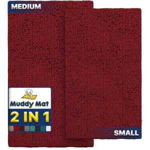Muddy Mat 2-Piece Set AS-SEEN-ON-TV Highly Absorbent Microfiber Dog Door Mat and Pet Rug, Non Slip Thick Washable Area Mat Soft Chenille for Kitchen Bathroom Bedroom and Outdoor- Red Small & Medium