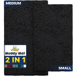 Muddy Mat 2-Piece Set AS-SEEN-ON-TV Highly Absorbent Microfiber Dog Door Mat and Pet Rug, Non Slip Thick Washable Area Mat Soft Chenille for Kitchen Bathroom Bedroom and Outdoor- Black Small & Medium