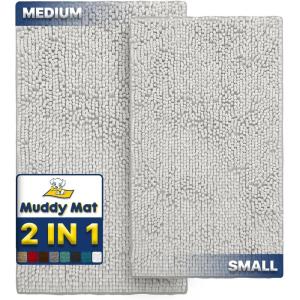 Muddy Mat 2-Piece Set AS-SEEN-ON-TV Highly Absorbent Microfiber Dog Door Mat and Pet Rug, Non Slip Thick Washable Area Mat Soft Chenille for Kitchen Bathroom Bedroom and Outdoor- White Small & Medium