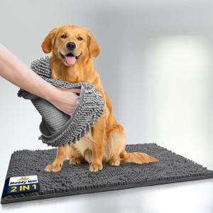 Muddy Mat® 2-in-1 Set: AS-SEEN-ON-TV Grey Microfiber Door Mat (30″X19″) & Doggy Dryer Plush Shammy Towel – Non-Slip, Washable & Highly Absorbent Solutions for Soggy Paws & Clean Floors